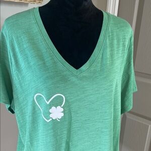 Green V-Neck T-Shirt with Heart and Clover Design